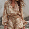 V-Neck Botanical Print Waist-Cinching Short Romper