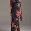 Black One-Shoulder Printed Pleated Chiffon Maxi Dress
