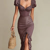 Retro Heart-Neck Midi Dress with Ruffled Hem