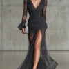 Dark Grey Lace Ruched Sheer Long Sleeve Slit Maxi Dress