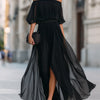 Black Off-Shoulder Pleated Chiffon Maxi Dress