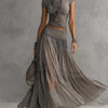 Grey Sheer Lace-Paneled Top and Pleated Maxi Skirt Set