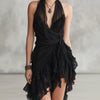 Black Halter Neck Lace Ruffled Mini Dress