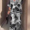 Casual V-neck printed short-sleeved top and wide-leg pants set