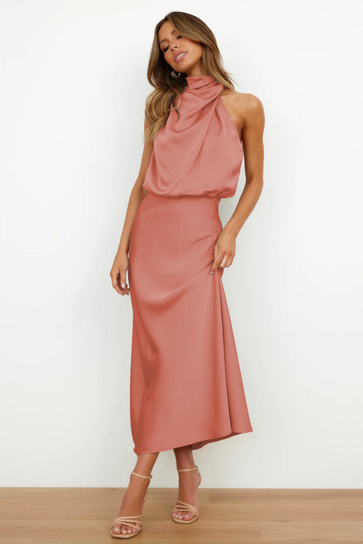 Carlina | Halter Neck Long Satin Dress