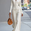 White stand-up collar zip-up wide-leg pant set