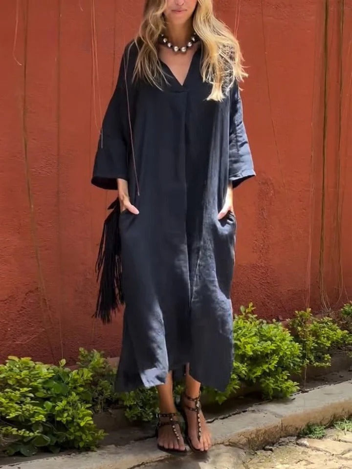 Ishael - Solid V-Neck Long Loose Fit Dress