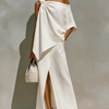 Women's White Set With One-Shoulder Knot Detail & Front Slit, Timeless Minimalist-Resort Style Set