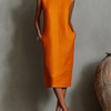 Women's Orange Shift Dress With Sleeveless Round Neck & Side Pockets, Timeless Minimalist-Elegant Style Dress