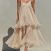 Eloria – Champagne Chiffon Midi Dress with Ruffle Layers
