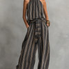 Women's Elegant Striped Printed Woven Round Neck Sleeveless Top Paired With Trousers Set