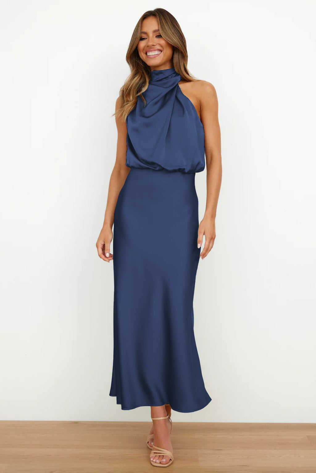 Carlina | Halter Neck Long Satin Dress