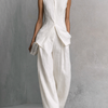 Women's Elegant White Sleeveless Top and Wide-Leg Pants Set