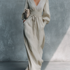 Women's Beige Striped V-Neck Shirred Waist Maxi Dress