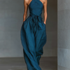Women's Navy Blue Cross Halter Wide-Leg Jumpsuit With Tie Waist & Side Pockets