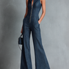 Women's Retro Style Dark Blue Denim Sleeveless High-Neck Flared Jumpsuit With Front Zipper
