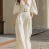 White V-neck lantern sleeve wide-leg jumpsuit (Includes belt)