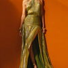 Trendy Metallic Plissé Halter Gown