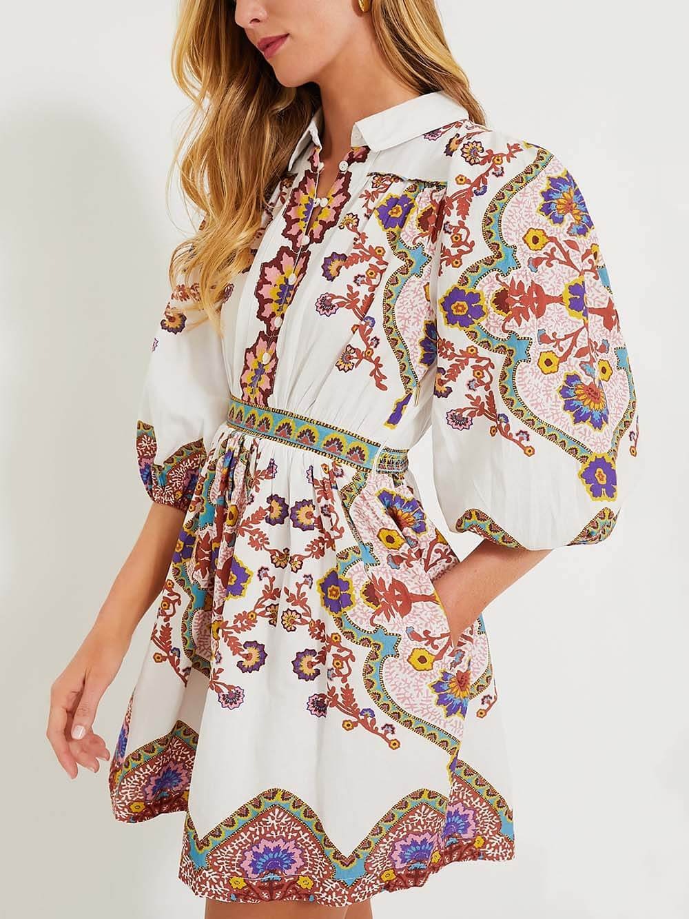 Jenny - Puff Sleeve Pocketed Shirt Mini Dress