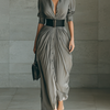 Ladies Lapel Long Sleeve Single Breasted Belt Maxi Dress