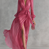 Elegant long pink chiffon dress with pearls and V-neck for women