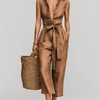 Women's Tobacco Brown Jumpsuit With Self-Tie Waist & Collared V-Neck, Timeless Resort-Casual Style Jumpsuit