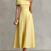 Women's Yellow Dress With One-Shoulder Neckline & Fitted Waist, Timeless Elegant-Chic Style Dress