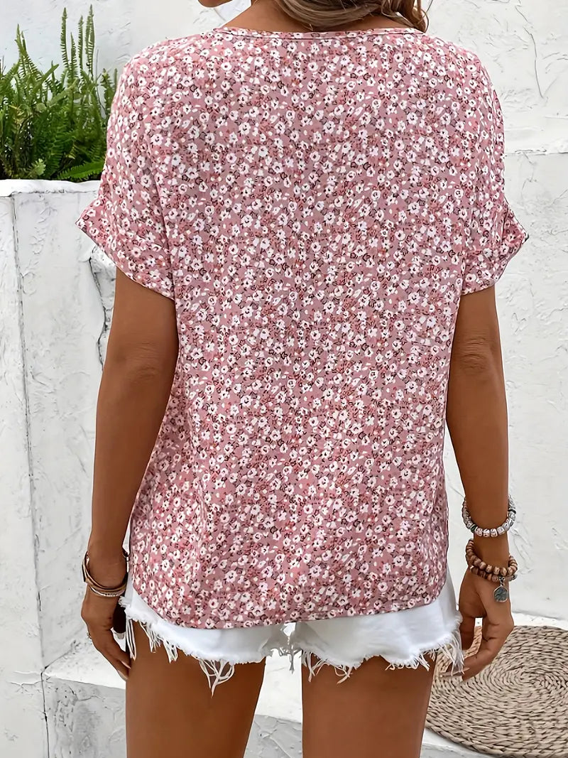 Cindy™ | Floral Print Notched Colour Blouse