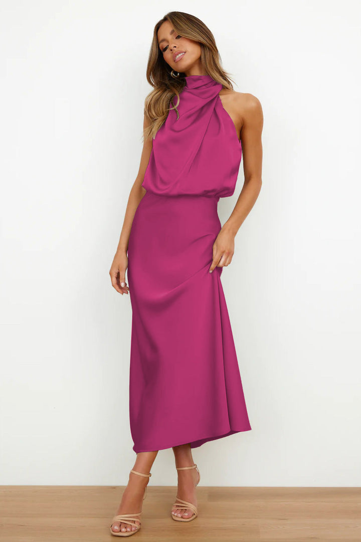 Carlina | Halter Neck Long Satin Dress