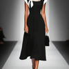 Women's Colorblock Square Neck Cap Shoulder Sleeve Waist Midi Dress