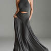 Women's Charcoal Gray Stretch Knit Dress With Turtleneck Halter & Cutout Waist, Timeless Minimalist Elegant Style Dress