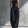 Women's Black High-elastic Knit Top And Acetate Wide-leg Pants