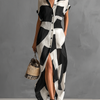 Women's Irregular Geometric Print Lapel Single-Breasted Short-Sleeved Maxi Shirt Dress