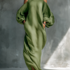 Women's Light Green Cold-Shoulder Maxi Dress With Oversized Puff Sleeves & Side Pockets