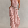 Women's Blush Pleated Jumpsuit With Halter Neck & Ruched Waist, Timeless Romantic-Elegant Style Jumpsuit (without Belt)