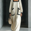 Women's Beige Blend Square-Neck Maxi Dress With Black Trim & Oversized Pockets