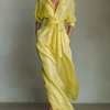 Women's Lemon Yellow Maxi Shirt Dress With Tie Waist & Half Sleeves