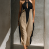 Women's Black And Beige Halter Neck Midi Dress With Keyhole Cutout & Color Block Design