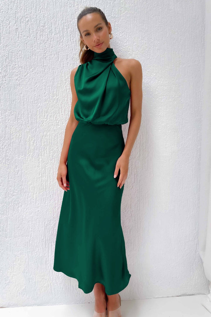Carlina | Halter Neck Long Satin Dress