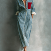 Women's Blue And White Striped Shirt Dress With Red Chest Pocket