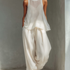 Women's Cream Two-Piece Set With Semi-sheer Chiffon Sleeveless Top & Drawstring Wide-Leg Trousers