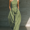 Women's Light Green One-Shoulder Wide-Leg Jumpsuit With Tie Waist