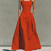 Women's Red Maxi Dress With Halter Neck & Pleated Skirt, Timeless Elegant-Resort Style Dress