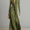 Olive Green Long Dress in Stretch Silk with Deep V-Neck and Ruffled Details, Glamour Maxi Dress