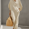 Women's Oatmeal Dress With Mandarin Collar & Dolman Sleeves, Timeless Resort-Casual Style Dress
