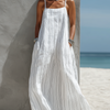 Women's Casual White Vertical Striped Woven Sleeveless Loose Long Dress