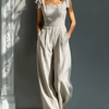Women's Beige & White Striped Jumpsuit With Square Neck & Tie Straps