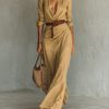 Long Maxi Dress with Notched Collar and Long Sleeves for Women