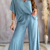 Mia™ - Casual V Neck Top with Wide Leg Pants Set