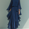 Navy Blue Chiffon Top Set with Flared Sleeves and Straight Leg Pants with Ruché Details